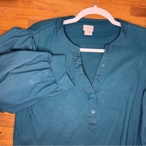 Chico’s Teal Rib Knit Woven 3/4 Puff Sleeve Top, size 2 (Large) - Picture 5 of 9